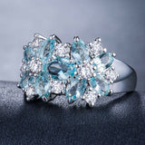 Aquamarine+ White Sapphire Flowers Ring