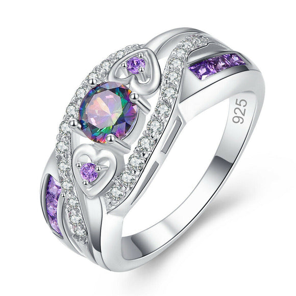 Mystic Topaz Circular Center Stone with Side Hearts Ring