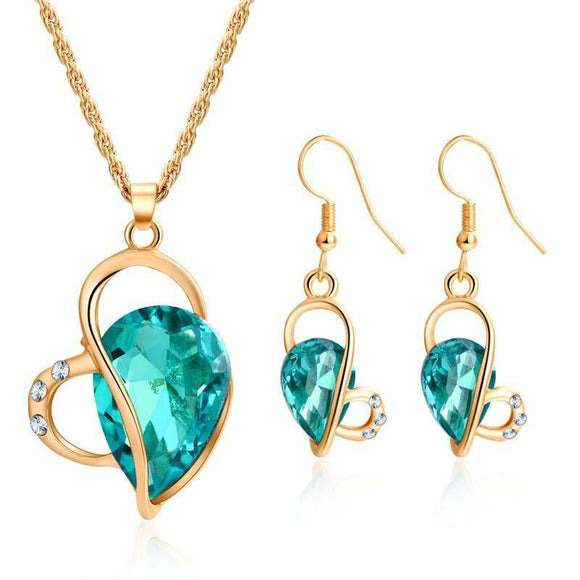 Gold Turquoise Heart Necklace + Earrings Set
