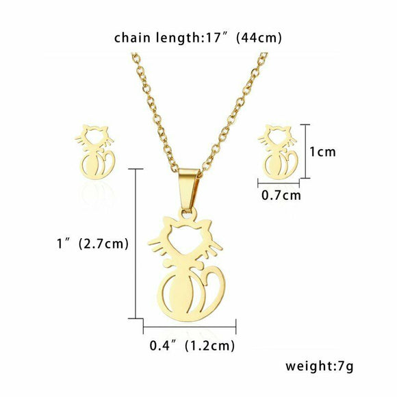 Gold Stainless Steel Cat 2 PC Necklace + Earrings Set