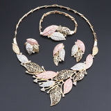 Elegant Gold, Silver+ Peach Leaves 4PC Jewelry Set