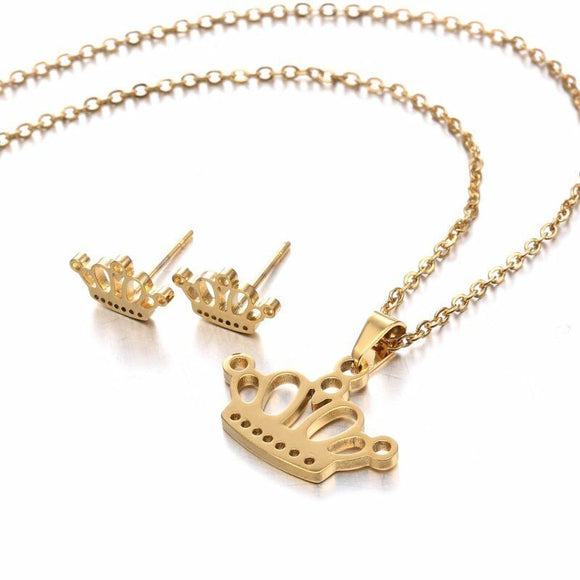Gold Stainless Steel Princess Crown 2 PC Necklace + Earrings Set