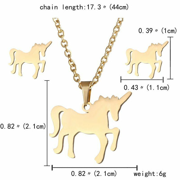 Gold Stainless Steel Unicorn 2 PC Necklace + Earrings Set