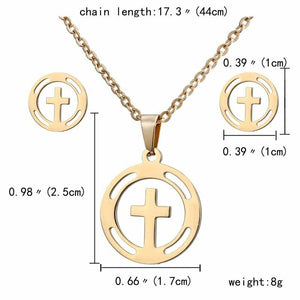 Gold Stainless Steel Inner Cross Circular Necklace + Earring Set