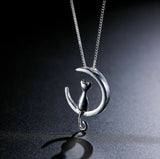 Silver Cat Moon 2PC Necklace + Earrings Jewelry SET