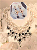 Elegant Chunky Multi Strand Pearl + Black Rhinestone 2 PC Jewelry Set