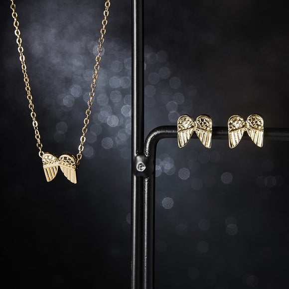 Gold Stainless Steel Angel Wings 2 PC Necklace + Earrings Set