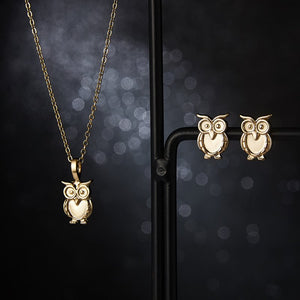 Gold Stainless Steel Owl 2 PC Necklace + Earrings Set