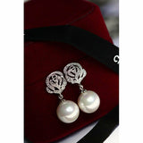 Silver Rose Pearl Dangle Drop Earrings Pic 1