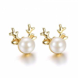 Pearl Studs with Gold Antlers Holiday Earrings