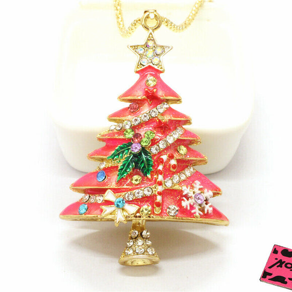 Bright Festive Fully Decorated Rhinestone XMAS Tree Necklace- Coral pic 1