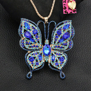 Crystal Rhinestone Outlined Butterfly Necklace-Blue