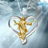 Gold Jesus in Silver heart necklace pic 1